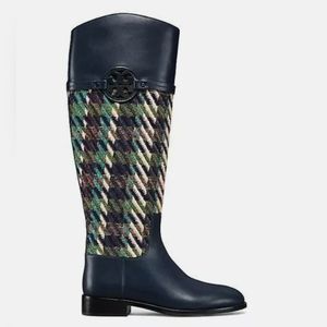 Tory Burch Miller Riding Boots Navy Leather Tweed New Size 5